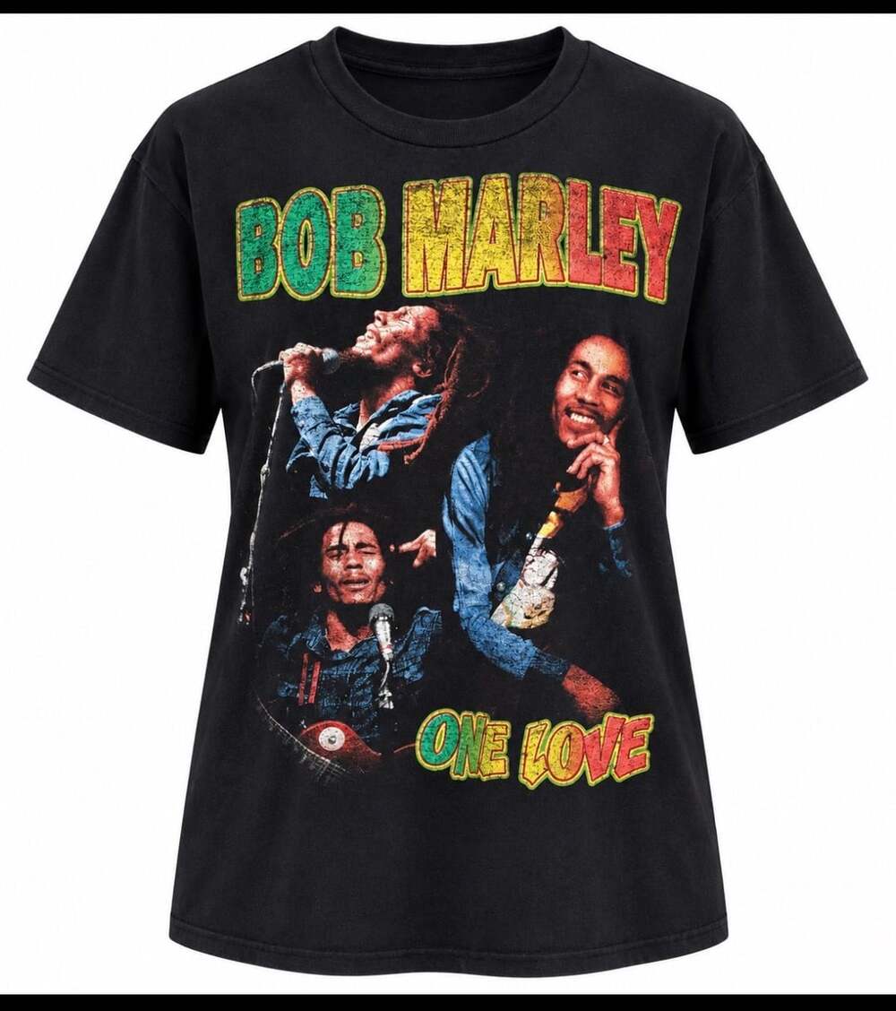 Rock Off Bob Marley One Love Homage Black Graphic T-Shirt